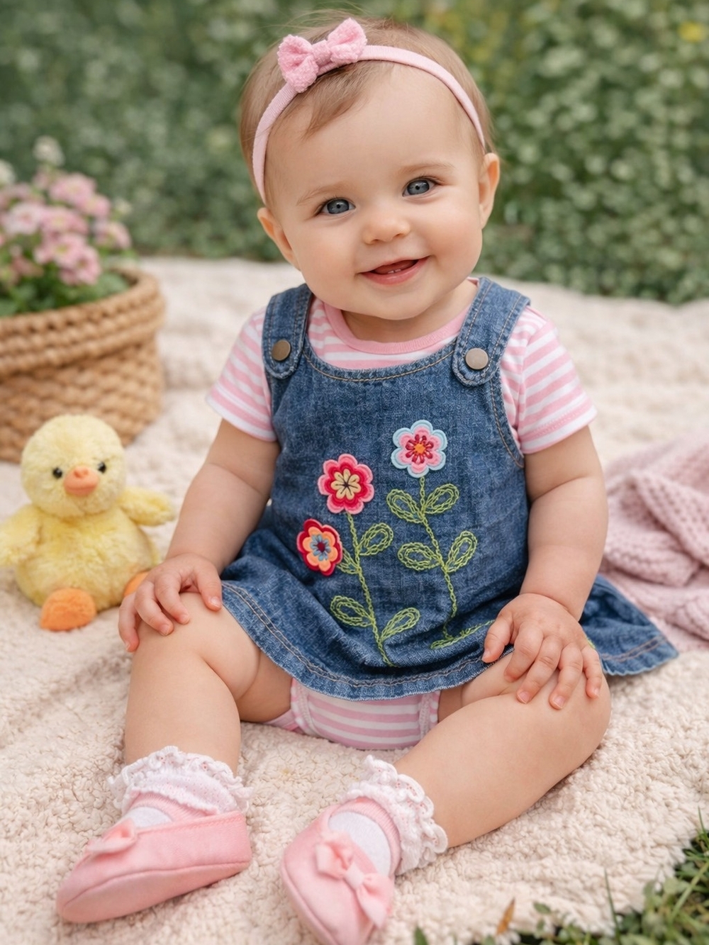 Just Born Embroidered Denim Baby Dress – Size 6–9 Months